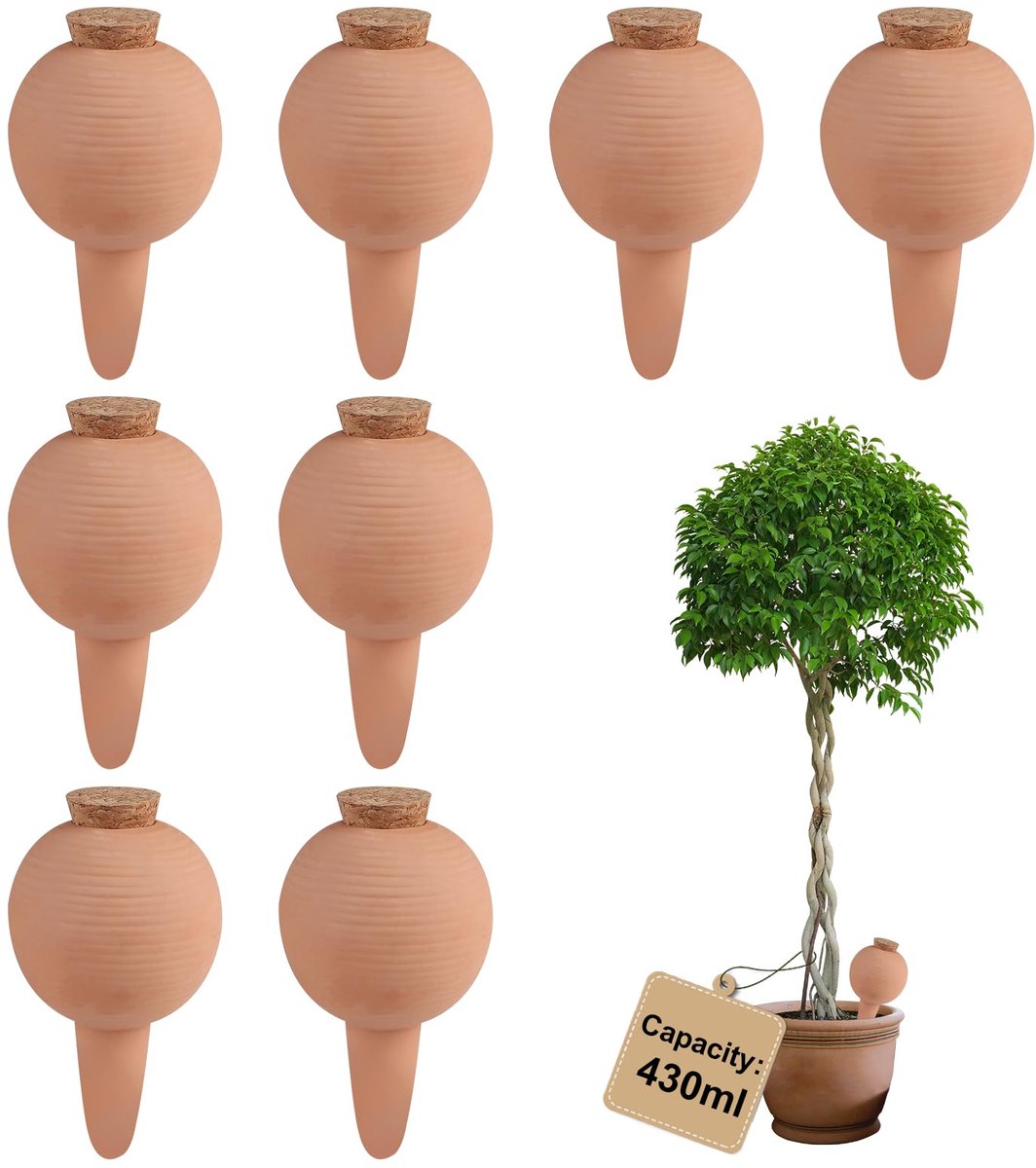 SnelShoppen - 8 × 430 ml Oyas Irrigatie met Kurk, Gieter voor Potgrond Kamerplant, Kleikegel voor Automatische Irrigatie van Bloemen, Terracotta Pot v
