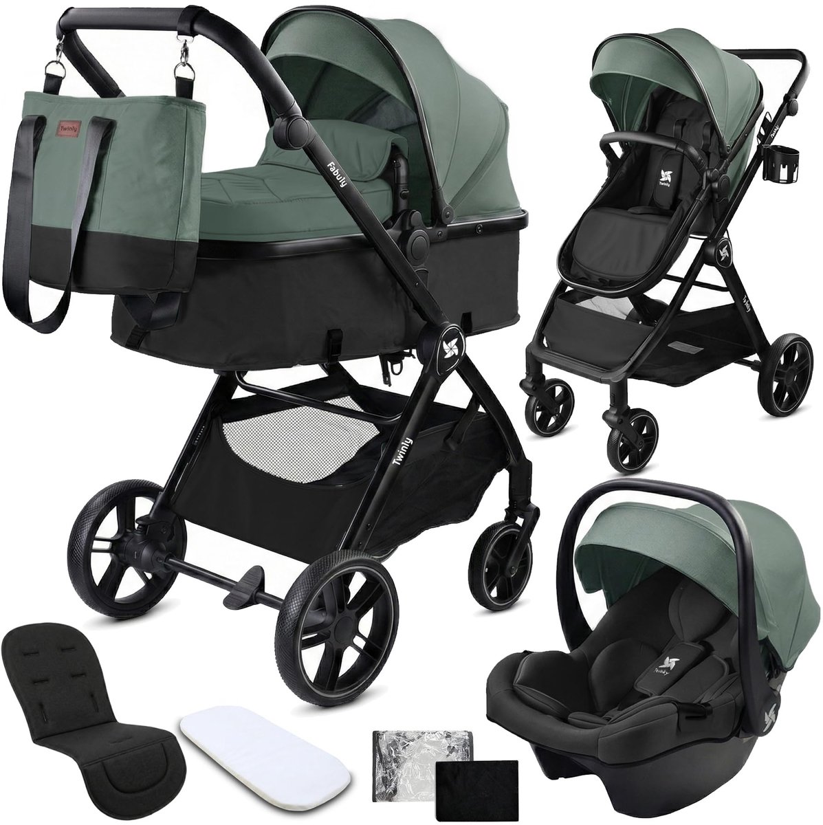 SnelShoppen - Twinly 3-in-1 Kinderwagen met i-Size Autostoel | Omkeerbare Reiswieg, Compact Opvouwbaar, Inclusief Luiertas, Muggennet & Regenhoes, XXL