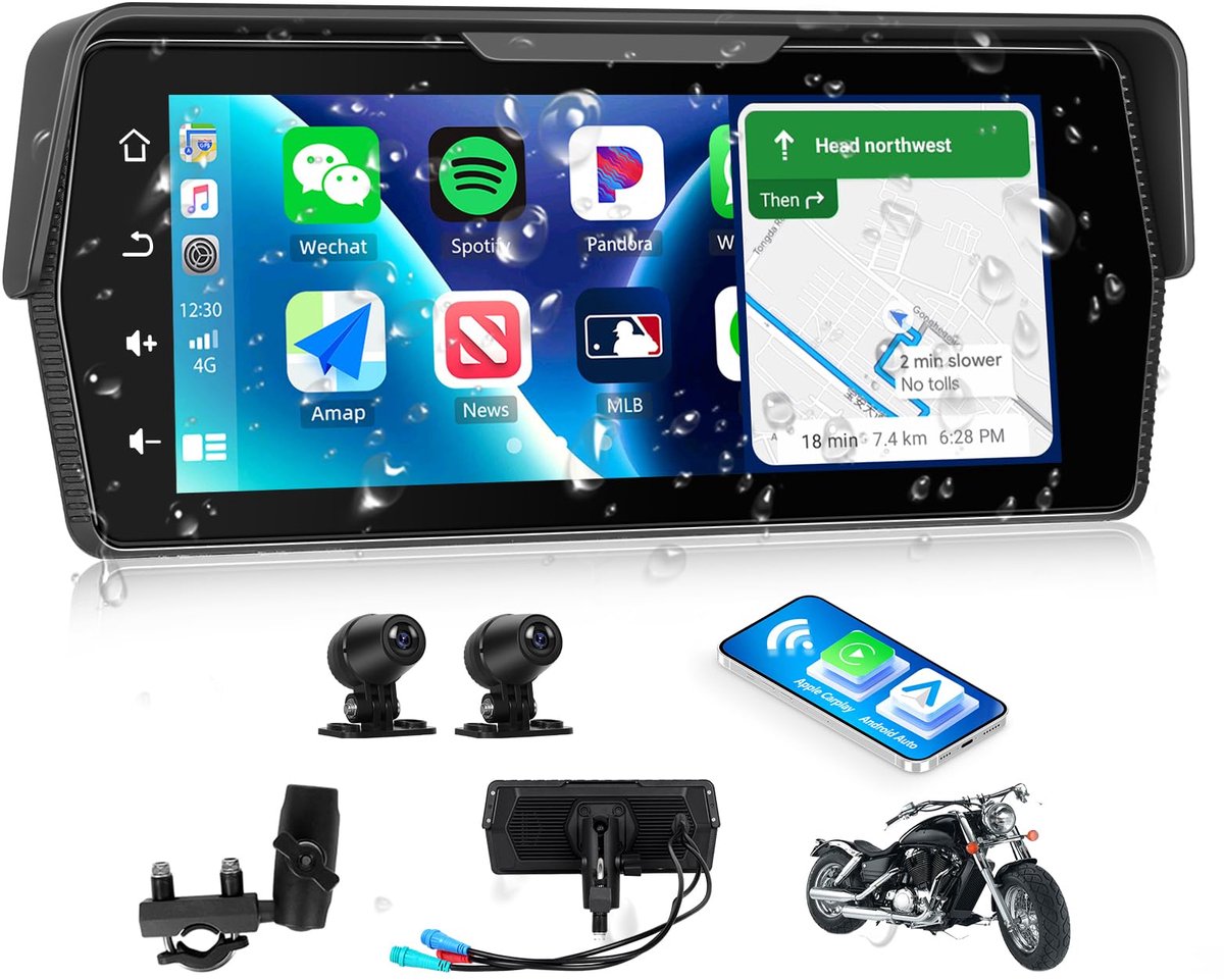 SnelShoppen - Draadloos CarPlay-scherm voor motor 6,86 inch met 2× AHD-achteruitrijcamera, auto-navigatie, Bluetooth, IP67 waterdicht, 12 V