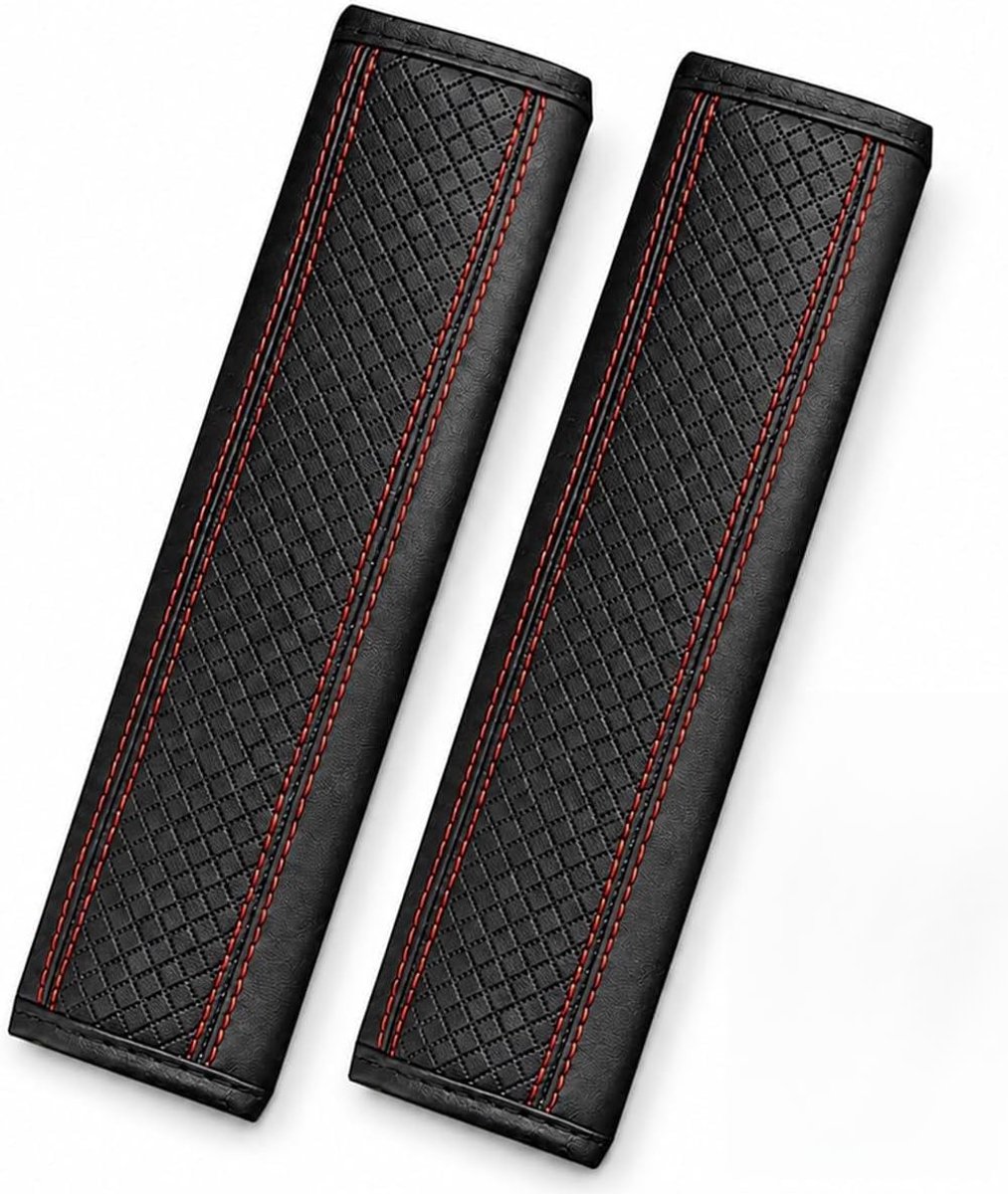 SnelShoppen - 2 stuks gordelkussens voor auto, leren schouderkussens met rode naad, comfortabele bekleding voor veiligheidsgordel, perfect voor autove