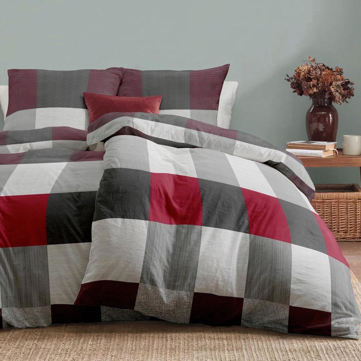 SnelShoppen - 4-delige beddengoedset 135 x 200 cm, flanellen patroon, 2 grote kussenslopen 80 x 80 cm, zachte microvezel, Oeko-Tex gecertificeerd, gee