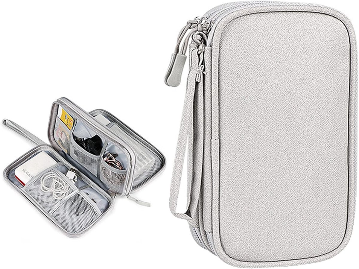 Dubbele Laags Elektronische Tas Organizer voor Kabels en Accessoires - Ideaal voor Mobiele Telefoons, Opladers en Powerbanks (Grijs)