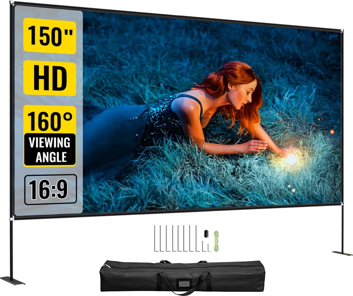 SnelShoppen - VEVOR Projectorscherm 381cm (150 inch) Buitenfilmscherm met Opbergtas & Standaard, 16:9 HD Eenvoudige Montage Filmscherm voor Feest, Cam