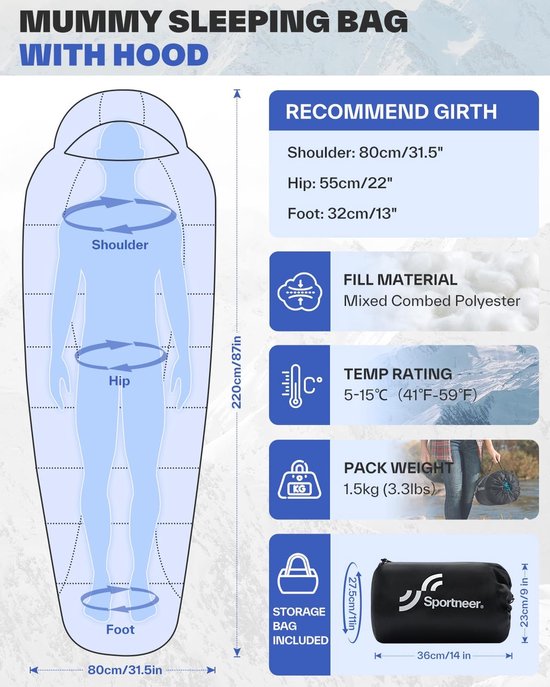 Slaapzak, outdoor, mummieslaapzak: 3-4 zones, licht, waterdicht, slaapzak 5 °C - 15 °C, voor stimulus, festival, camping, indoor, klein verpakkingsformaat en ultralight van Merkloos — afbeelding 2