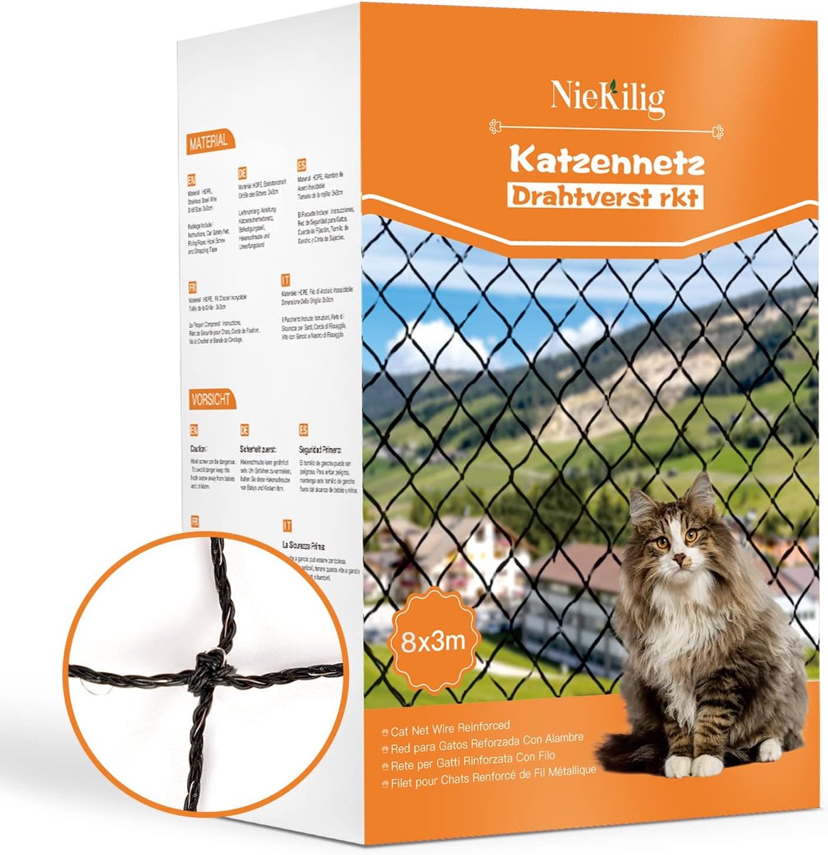 SnelShoppen - Draadversterkt kattennet voor balkons 8 x 3 m, kattenrooster zonder boren, ideaal voor balkon, terras, raam, deur en hek, veilig voor ka