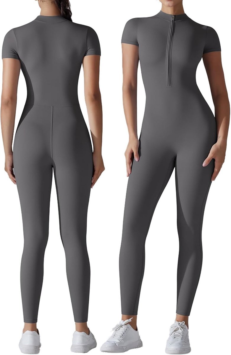 Yoga Jumpsuit voor Dames - Bodycon Bodysuit voor Fitness, Gym en Yoga - Korte Mouwen, Grijs, Maat S