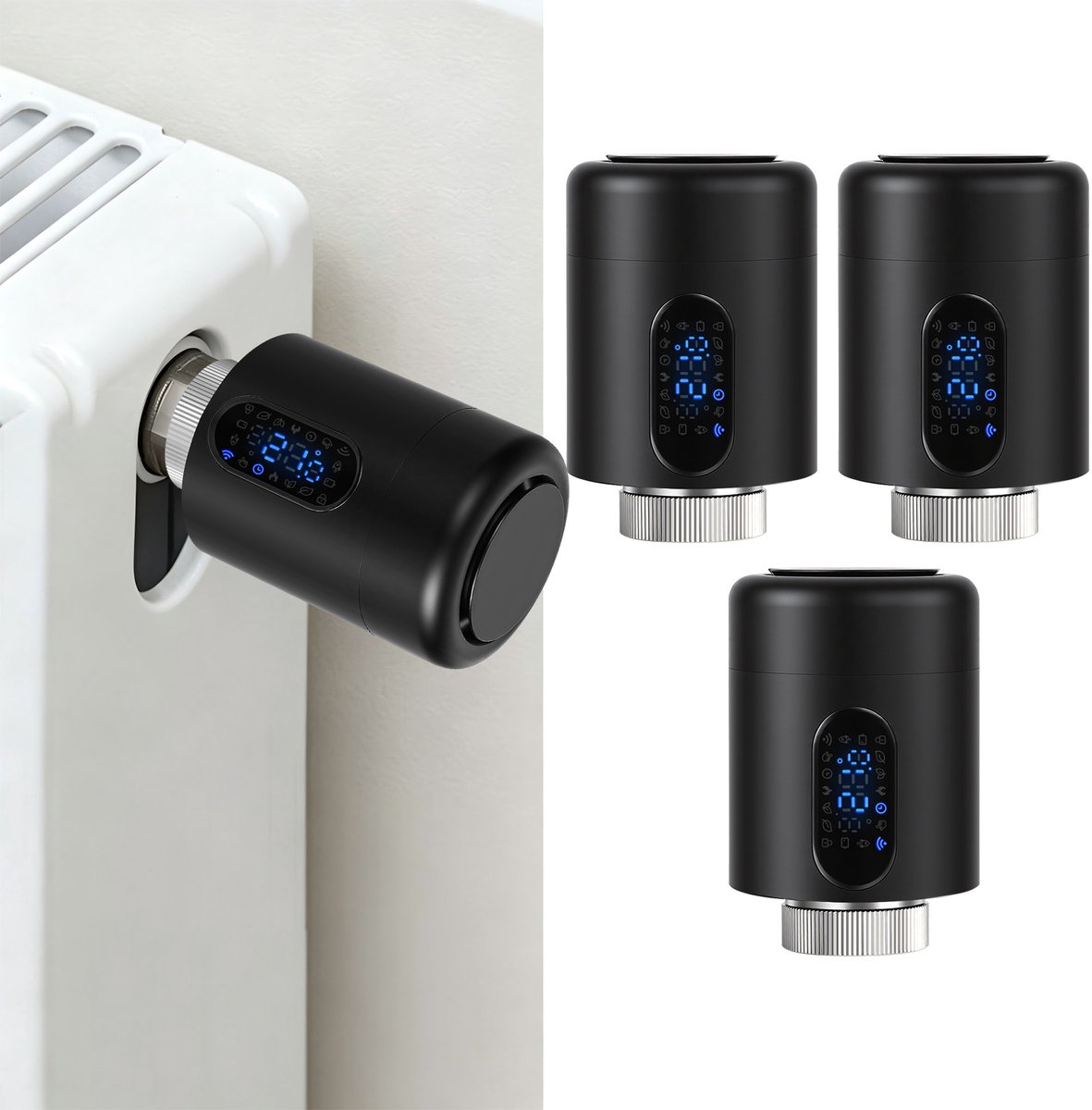 Radiator Thermostaat WiFi – Raamdetectie, Vorstbeveiliging en Kinderslot – Zwart – 3-pack