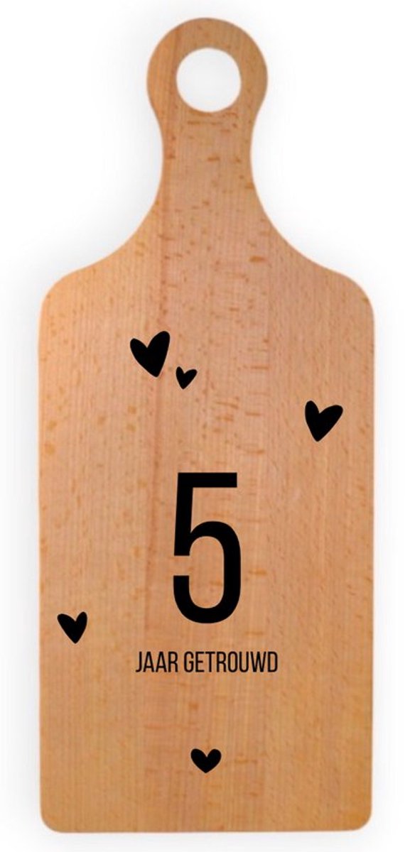 5 JAAR GETROUWD - Jubileum Borrelplank met Handvat 34 x 14 cm - Cadeau - Kado Tip - Beukenhout - Serveerplank - Hapjesplank - Kaasplank - Cadeau tip!