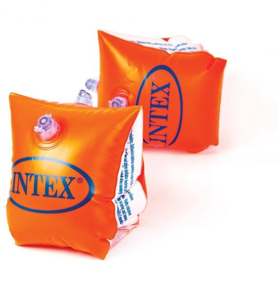 Oranje Intex zwembandjes met blauw logo, voor kinderen van 19-30 kg.