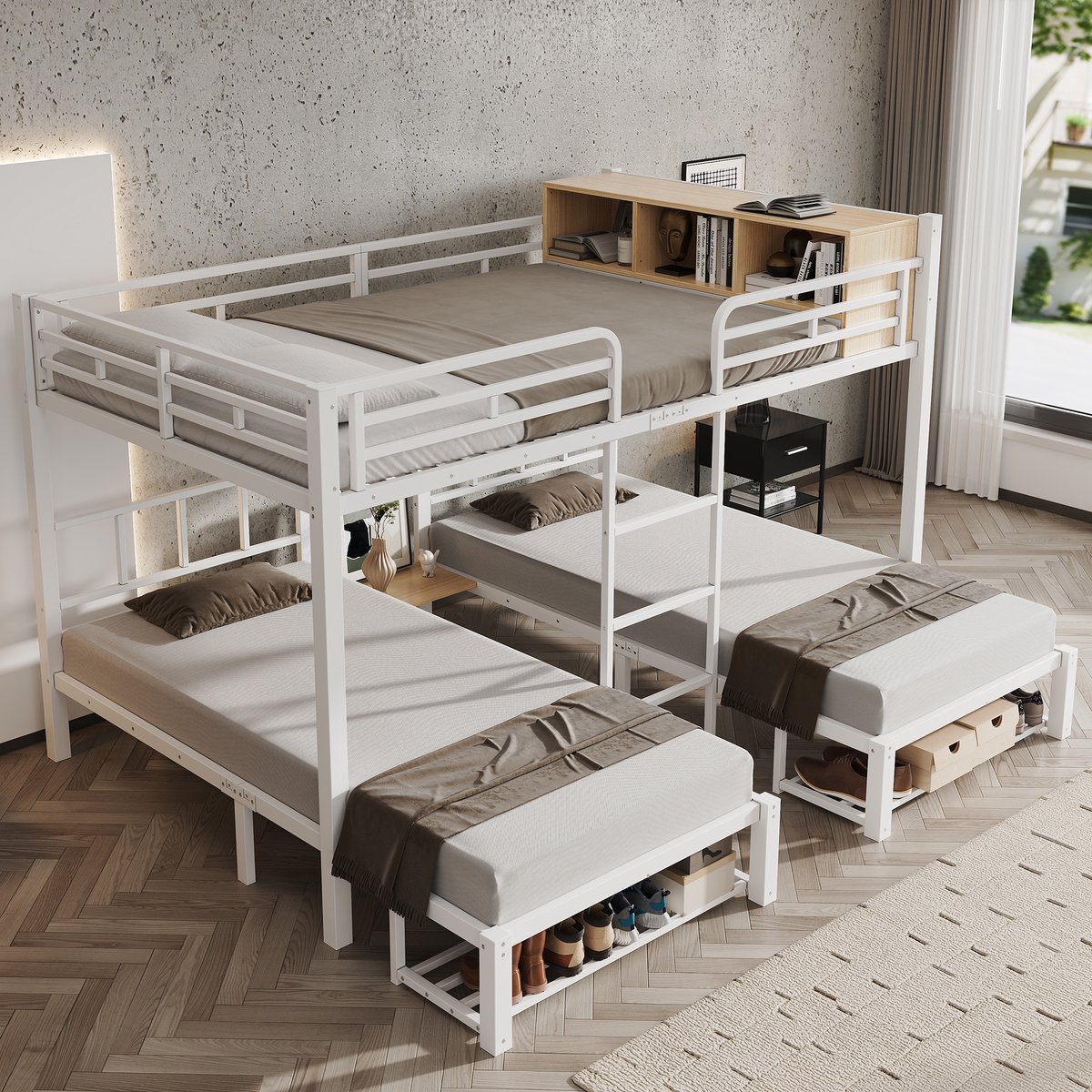 OKWISH Stapelbed 239x208cm - Bed Met 3 Slaapplaatsen En Opbergruimte - Met Ladder En Open Vak - Voor Logeerkamer En Jeugdkamer - Metaal Hout - Wit Natuurlijk - Zonder Matras