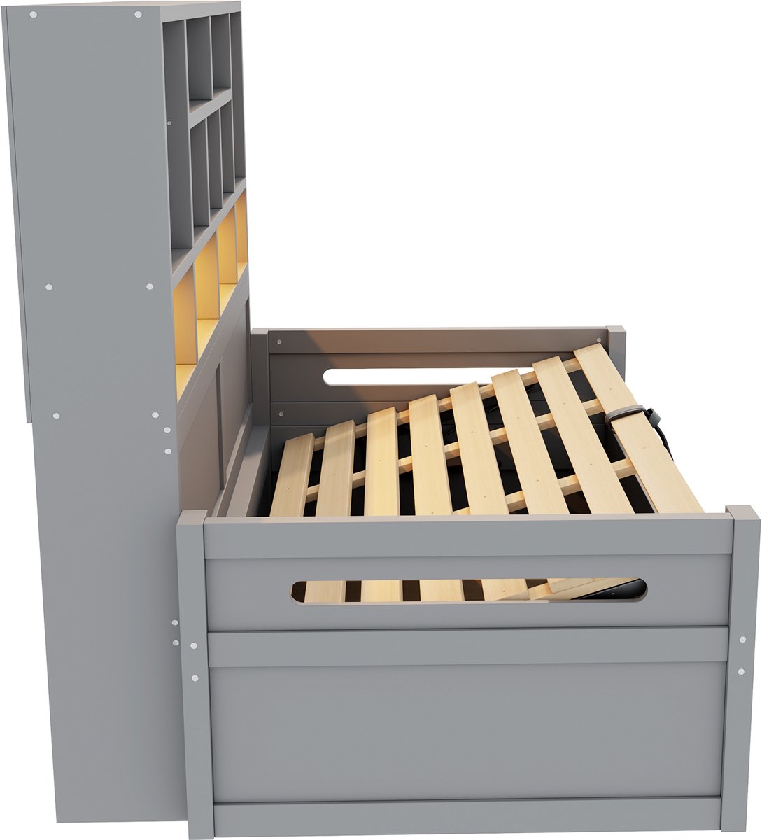 MIVRAY Slaapbank 90x200cm - Eenpersoonsbed Zonder Matras met Opbergruimte en LED Verlichting - Stopcontacten - Jeugd en Kleine Ruimtes - MDF - Grijs