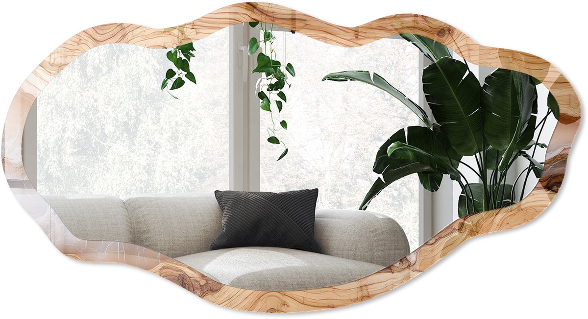 Wallfluent Houten Patroon Spiegel - Bruin Stijlvolle Wandspiegel - Organische Spiegel - Woonkamer - Rustiek - 45x90 cm - Totale afmeting 52x97 cm