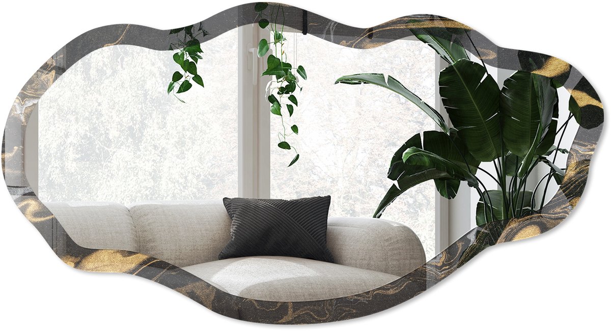 Wallfluent Marmerwerveling Spiegel - Zwart Rechthoekige Spiegel Voor Interieur - Organische Spiegel - Woonkamer, Kantoor, Slaapkamer - Abstract - 45x90 cm - Totale afmeting 52x97 cm