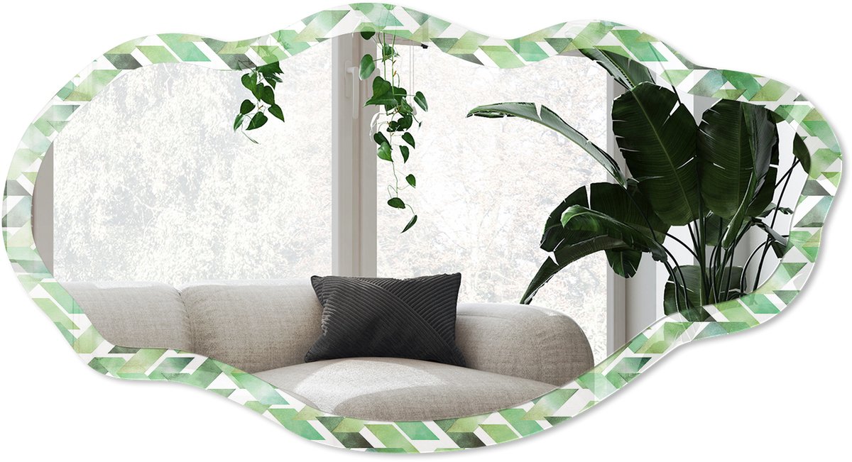 Wallfluent Groene Geometrie Spiegel - Groen Stijlvolle Wandspiegel - Organische Spiegel - Kantoor, Woonkamer, Hal - Geometrisch - 45x90 cm - Totale afmeting 52x97 cm