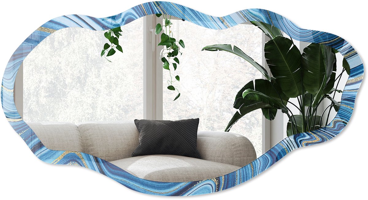 Wallfluent Blauwe Marmer Spiegel - Blauw Moderne Rechthoekige Wandspiegel - Organische Spiegel - Woonkamer, Kantoor, Slaapkamer - Abstract - 45x90 cm - Totale afmeting 52x97 cm