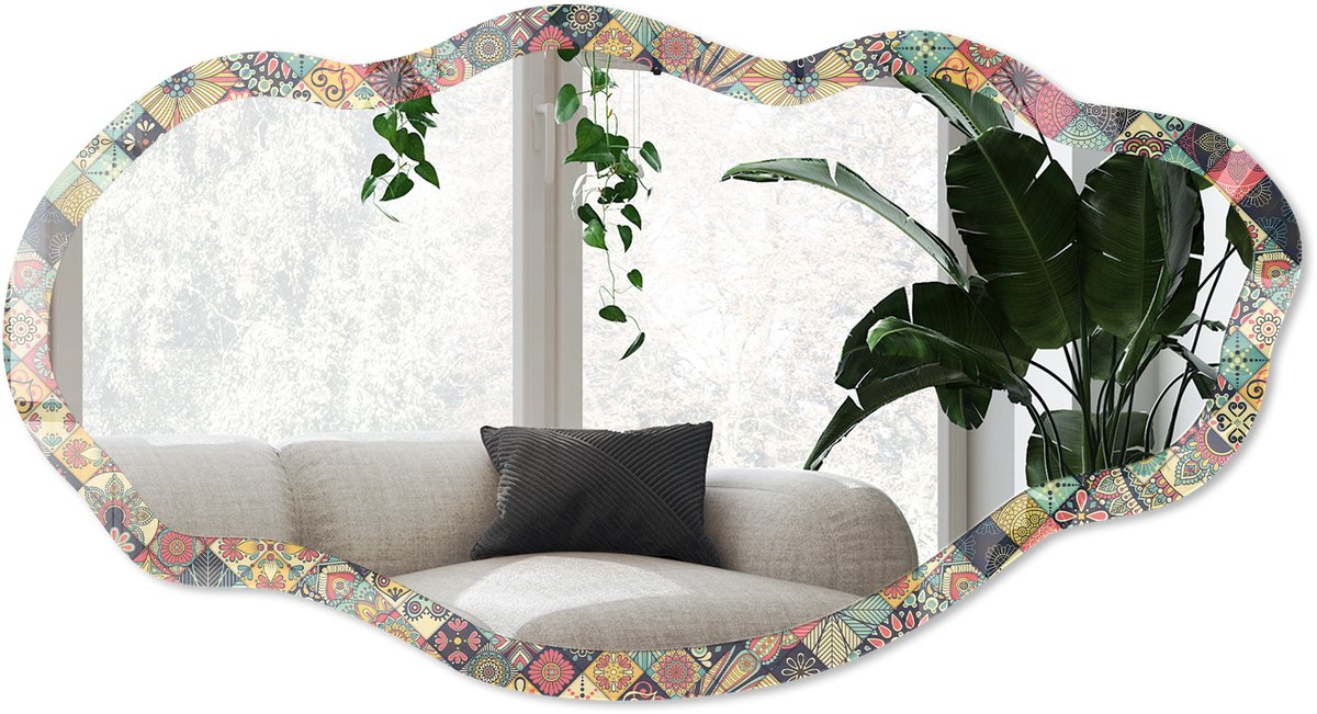 Wallfluent Kleurrijk Patchwork Spiegel - Geel Rechthoekige Spiegel Voor Interieur - Organische Spiegel - Woonkamer - Boho - 45x90 cm - Totale afmeting 52x97 cm