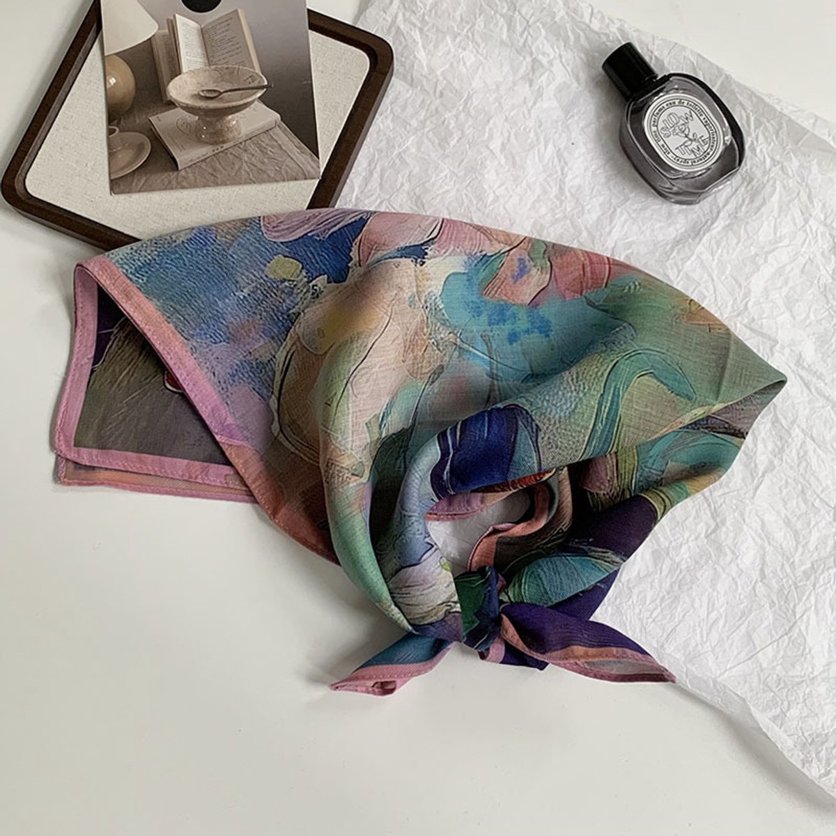 Dubbelzijdige patroon sjaal - kleine vierkante sjaal - het hele jaar door bruikbaar - veel draagmanieren - decoratieve omslagdoek-68*68cm-Lotus traprand, roze rand