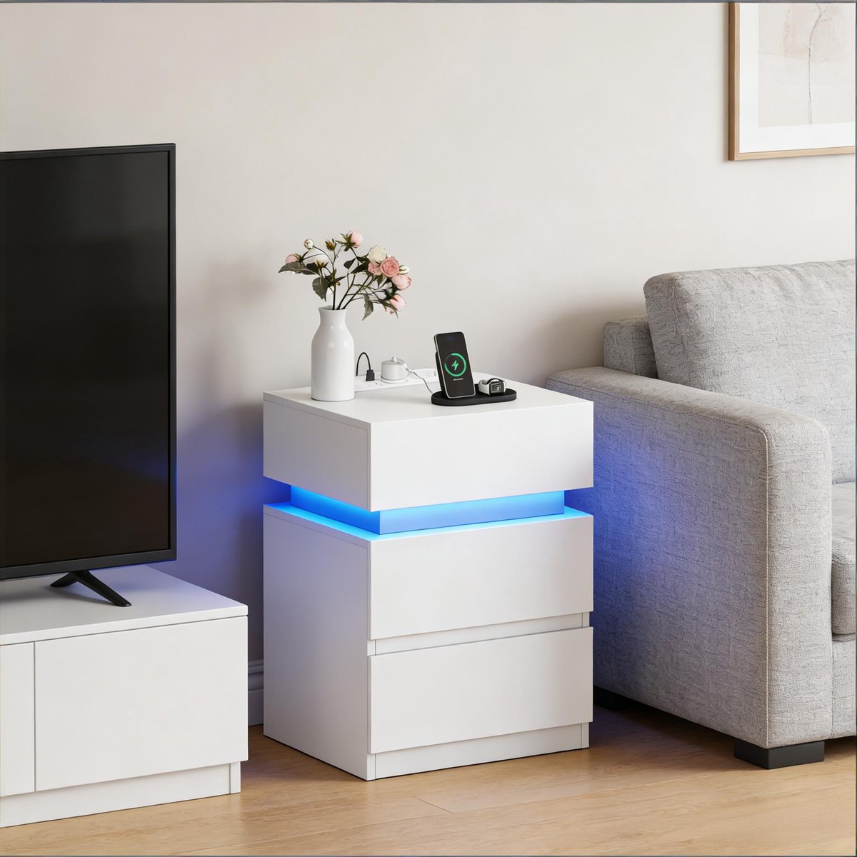 Wishdor Bedtafel met ledverlichting en oplaadstation - Modern nachtkastje met 2 lades, 2 usb-poorten en stopcontacten - Wit hout - 40 x 35 x 55 cm