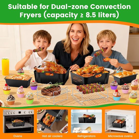 Een familie geniet van gebraden kip en snacks, met airfryer manden, cupcakes en bakvormen.