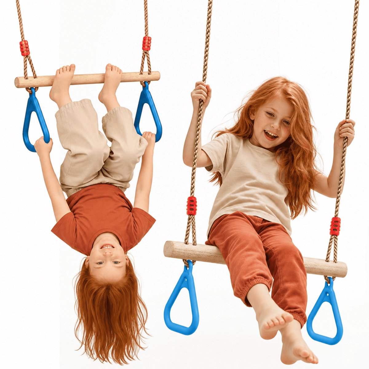Goodevas Trapezestang met Gymringen voor Kinderen – Houten Schommel, Massief Grenen Stang & Sterke Touwen, Verstelbare Hoogte 110–198 cm, Binnen & Buiten