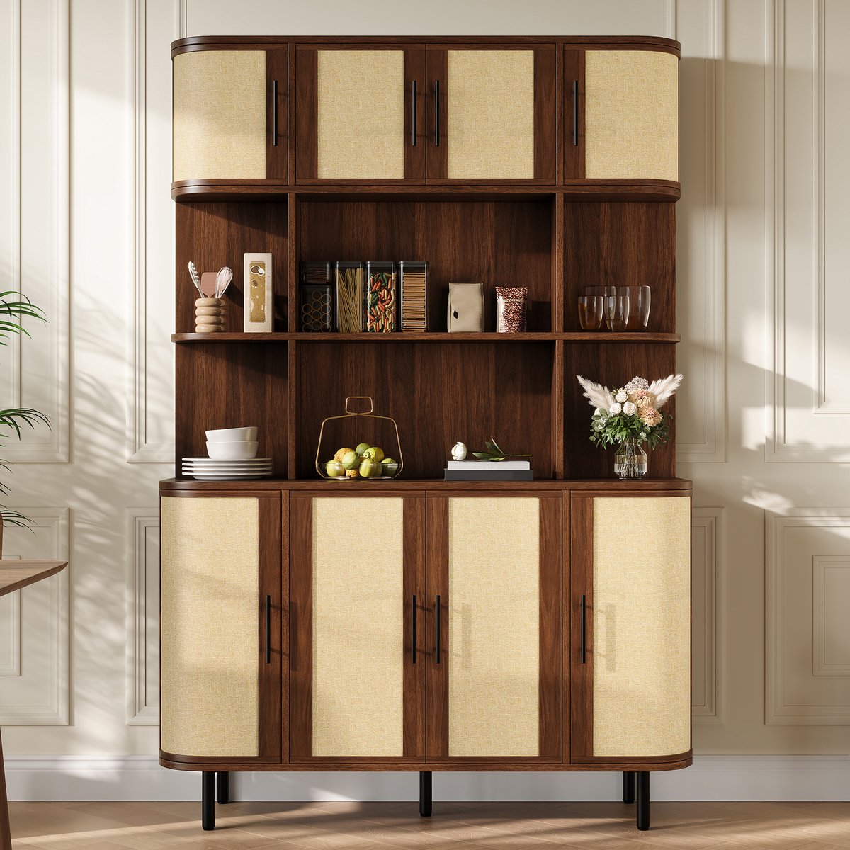 OKWISH Dressoir Met Rietlook En Acht Deuren Voor Woonkamer Eetkamer Hal Van MDF En IJzer In Walnoot 120 X 40 X 180 Cm