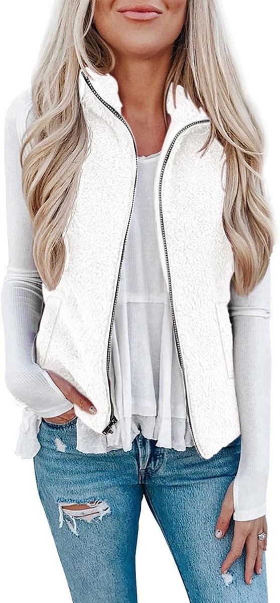 Loopvest – XL Teddyfleece Bodywarmer met Staande Kraag voor Dames Wit