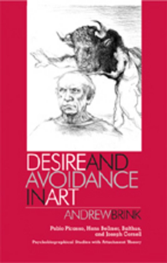 Boekomslag 'Desire and Avoidance in Art' met een portret van Andrew Brink en een stier.