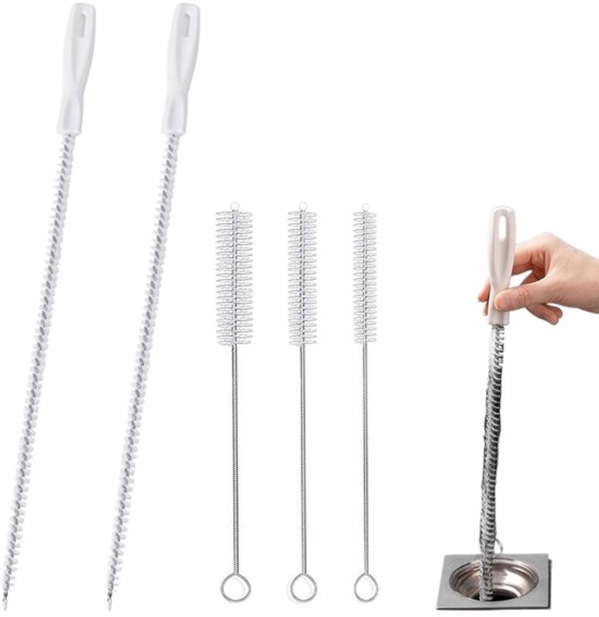 Rioolafvoerreinigingsborstel - 5 Stuks - 2 Afvoerontstoppers 45 cm - 3 Buisborstels - Afvoergereedschap - Geschikt voor Badkamer/Keuken - Afvoerborstel