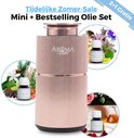 Rosegouden "Aroma Diffusing" geurverspreider met geribd design, omringd door afbeeldingen van bloemen en geuren.