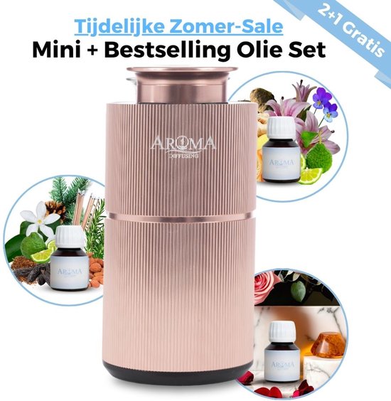 Rosegouden "Aroma Diffusing" geurverspreider met geribd design, omringd door afbeeldingen van bloemen en geuren.