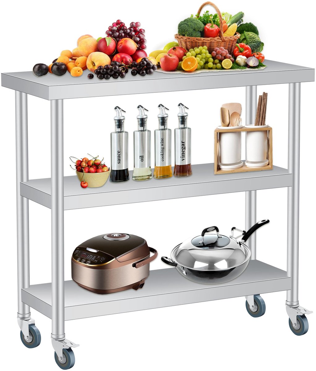 HoerFuriy - 3‑Laags RVS Werktafel - Zware Commerciële Keukentafel - Roestvrijstalen Voorbereidingstafel Met Opbergruimte - Met Wielen - 36x61x86cm