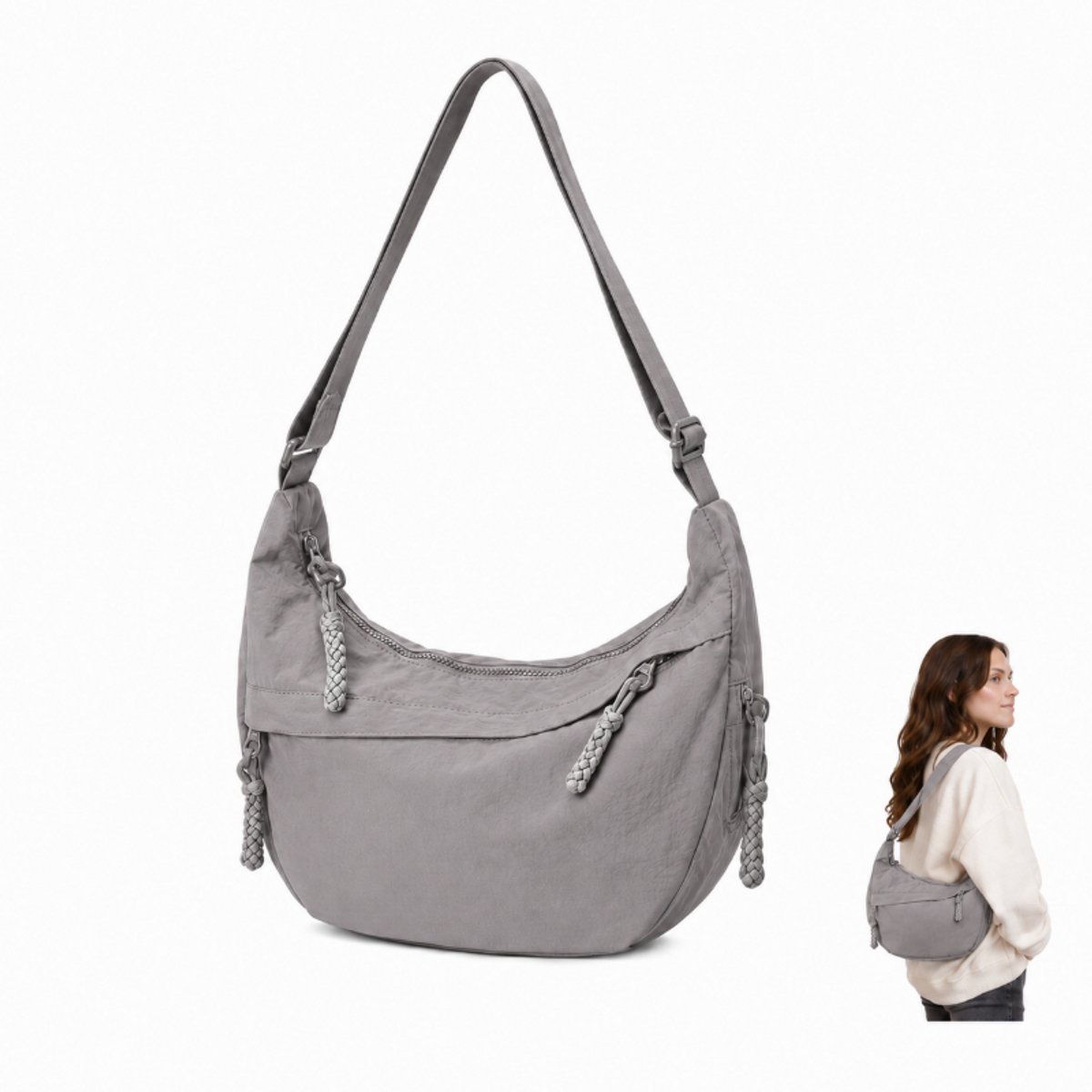 Tas-Modieuze Crescent Crossbody Tas -Dames heuptasje-Nylon Schoudertas Dames - Lichtgewicht Hobo Bag voor Dames - Dumpling Tas voor Reizen en Outdoor - Multifunctionele Handtas met Gesp - Donkergrijs