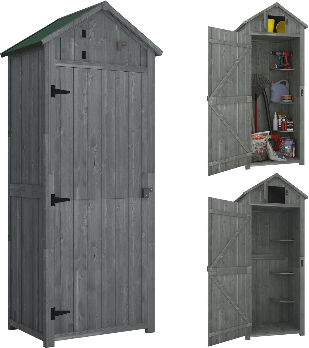 Houten tuinschuur - weerbestendige gereedschapsschuur 77x54 - 2x179cm - tuinhuis met deur - schuin dak - gereedschapskast met planken - tuinschuur voor tuin - terras - grijs+groen