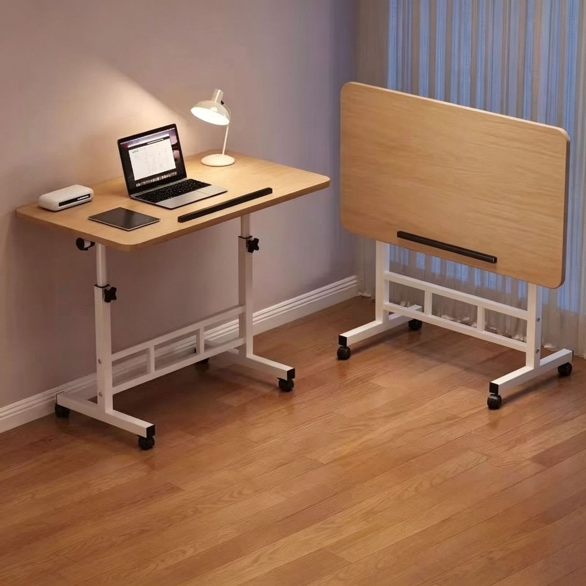 Verstelbaar sta bureau Draagbaar mini-computerwerkstation voor kleine ruimtes hoekbureau met wielen Ideaal voor slaapkamers kantoren de perfecte staande oplossing voor laptops Afmetingen 60x40x(60-82 ) cm Licht eiken