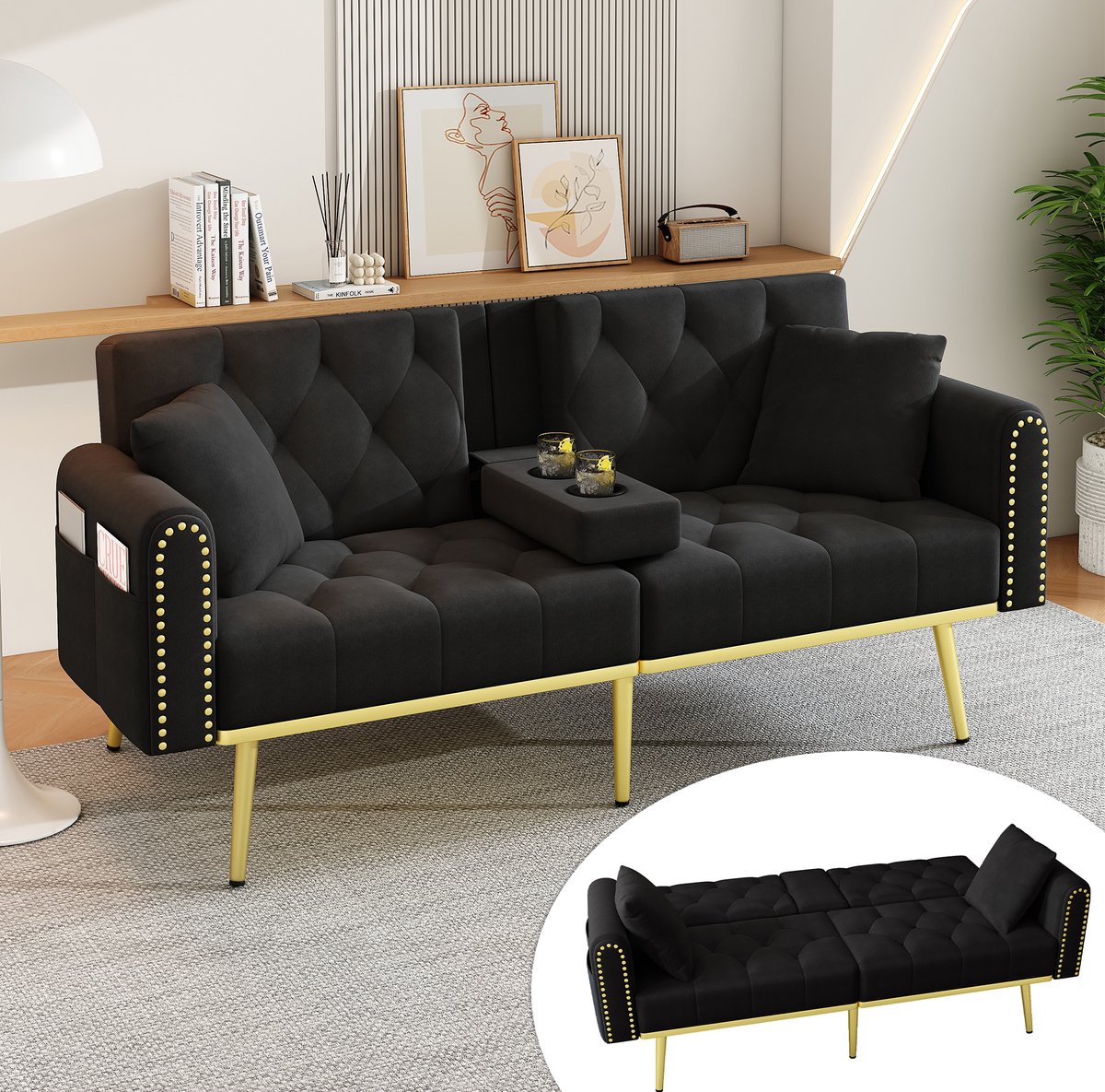 REDOM- 2-zits slaapbank - Verstelbare rugleuning - Met slaapfunctie - Met bekerhouder - Voor woonkamer, slaapkamer, thuisbioscoop of logeerkamer - Velvet - Zwart - 175 x 80 x 73,5 cm