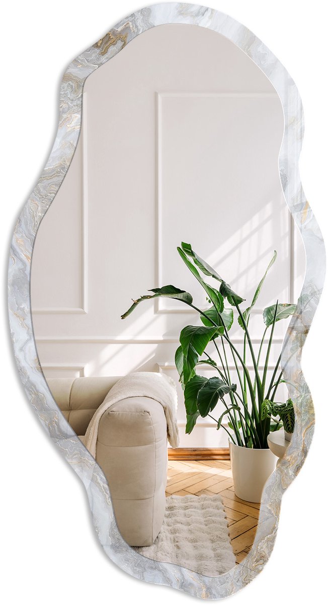 Coloray Marmerpatroon Spiegel - Grijs Elegante Rechthoekige Wandspiegel - Organische Spiegel - Badkamer, Woonkamer, Kantoor - Minimalistisch - 45x90 cm - Totale afmeting 52x97 cm