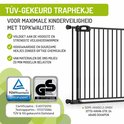 Zwart traphekje met TüV- en GS-keurmerken. "TüV-gekeurd traphekje".