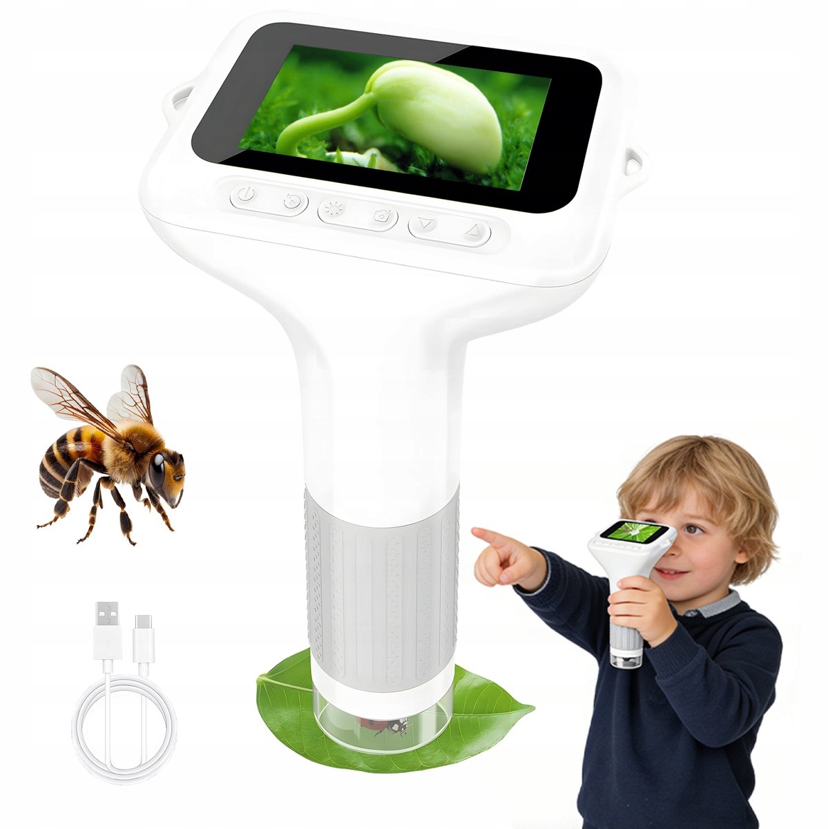 Digitale Microscoop voor Kinderen - Handmicroscoop - Kindermicroscopen - Handmatige Scherpstelling - 3 Inch IPS Scherm - 100-1000x - 8 Instelbare LED's - Foto & Video - 2MP - 32MB - Educatief Speelgoed - Voor Insecten & Planten & Munten - Wit