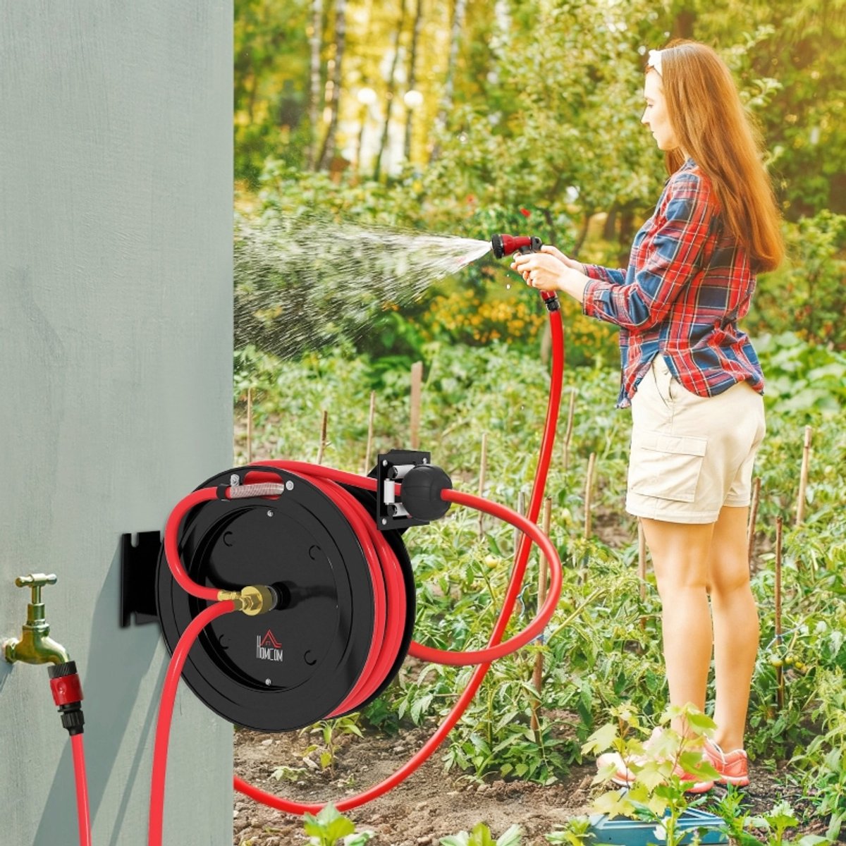 REDOM - Tuinslanghaspel - Automatische terugtrekking - Wandmontage met lengtestop - 20 bar werkdruk - Garage en tuin - Metaal en Kunststof - Rood en Zwart - 40,5 x 11,5 x 44 cm
