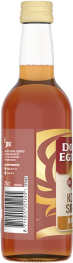 Achterkant van een fles Douwe Egberts Karamel Koffiesiroop, met barcode en logo.