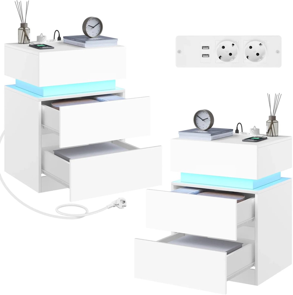 Klarven® Nachtkastje Wit set van 2 - LED Verlichting met 25 Kleuren en Bluetooth, Stopcontact met 2 USB Poorten - 2 Laden en Klepvak, Modern Design - B 40 x D 35 x H 55 cm