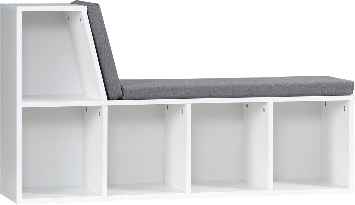2-in-1 boekenkast - opbergkruk - inclusief 2 kussens - 5 opbergvakken - 108 x 30 x 60 cm - wit/grijs