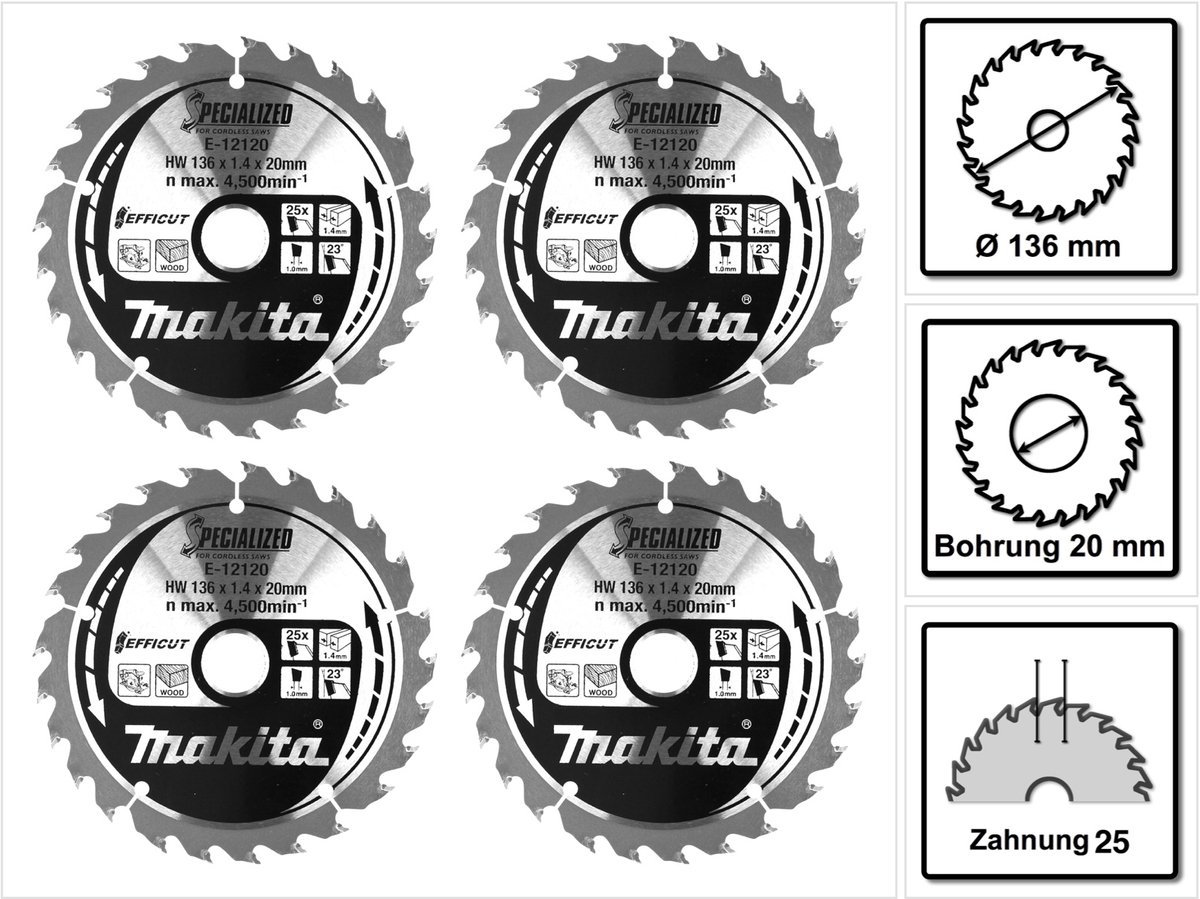 Makita CCM13625E SPECIALIZED EFFICUT zaagblad 4 stuks (4x E-12120) 136 x 1,4 x 20 mm 25 tanden voor hout
