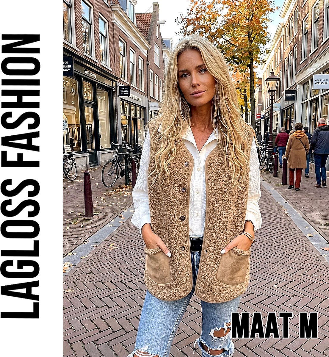 LaGloss® Dames Pluche Vest Gilet Khaki – Warm Mouwloos Vest - Maat M met 2 Zakken – Elegant Teddy Vest voor Lente, Herfst en Winter