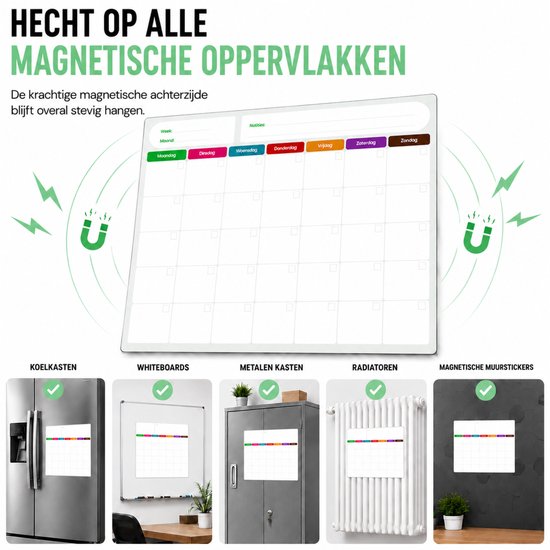 Grote magnetische weekplanner met de dagen van de week gekleurd.