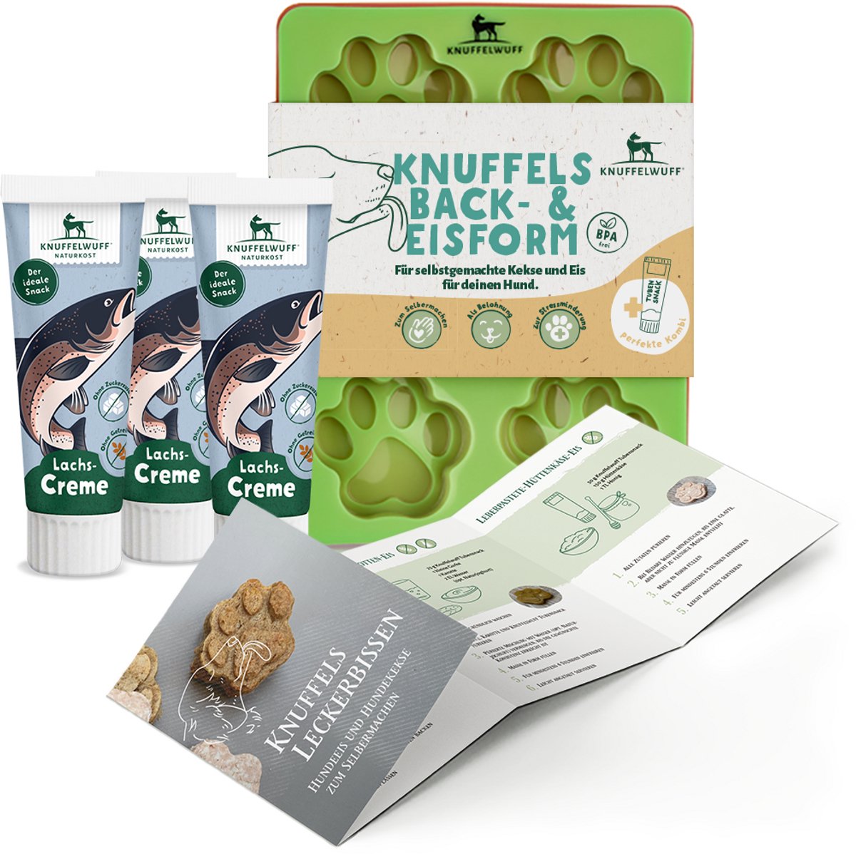 Knuffelwuff hondenkoekjes- en hondenijsset met siliconen vorm, recepten en tubesnack zalm