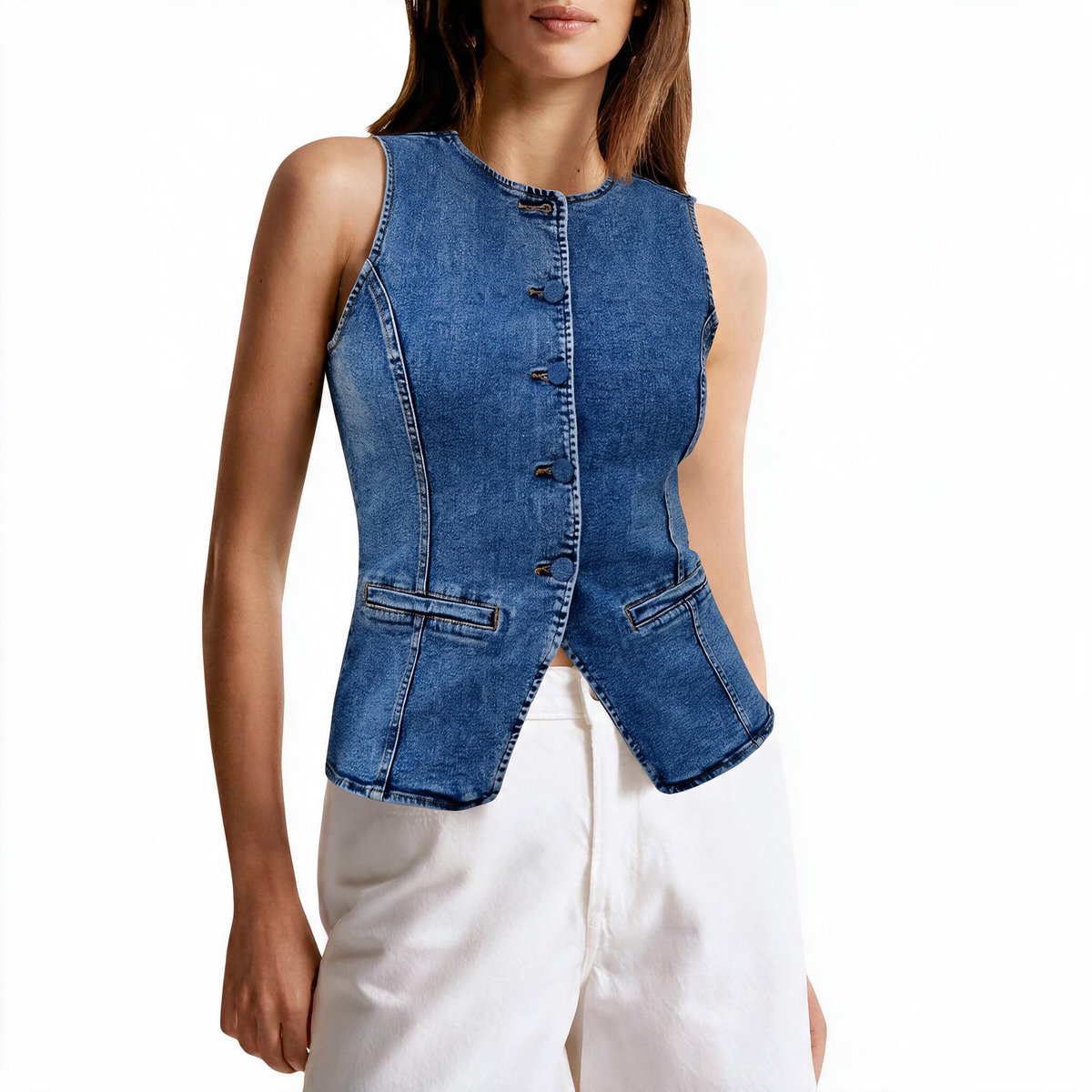 Imily Bela Dames Getailleerd Denim Gilet met Knopen
