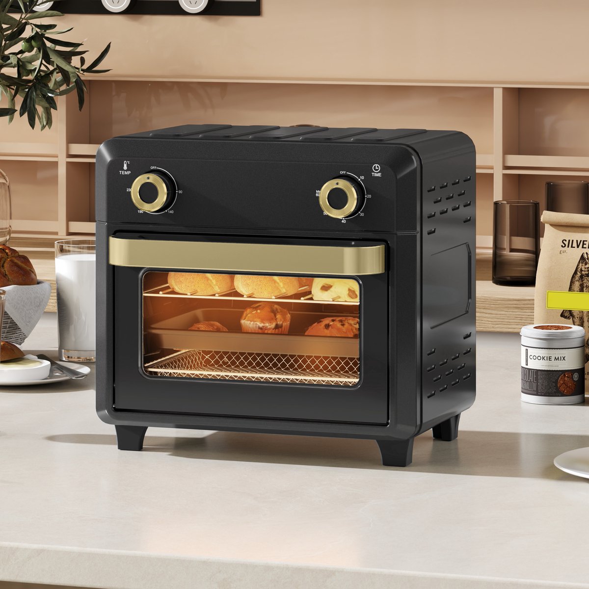 TEKROA® Mini-oven - met convectie, airfryer, timer en binnenverlichting - 10 liter - 32x27,2x29,8cm - zwart