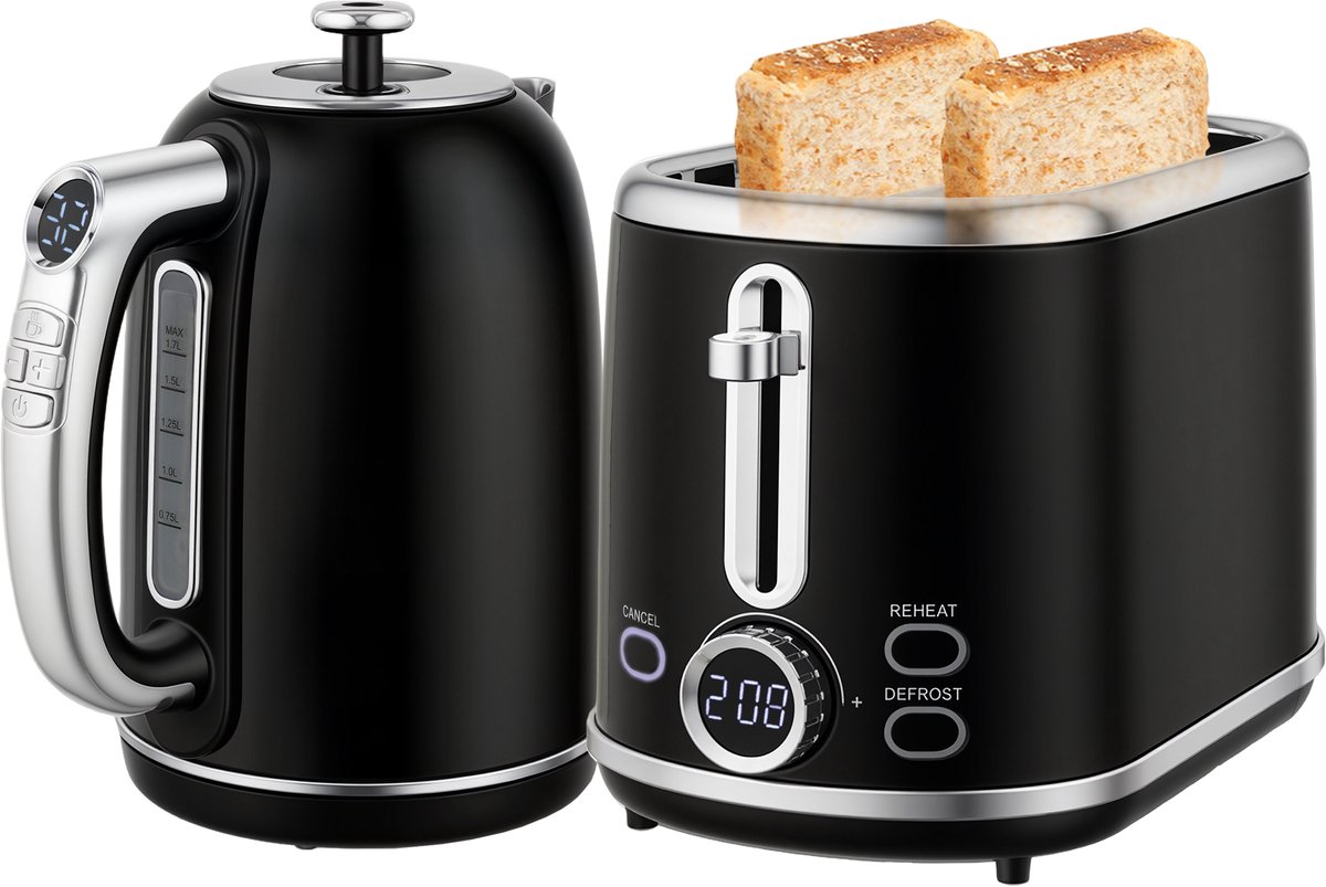 TEKROA® Waterkoker en broodrooster set - 1,7 liter roestvrijstalen waterkoker (2200W) en 2-sneden broodrooster - zwart