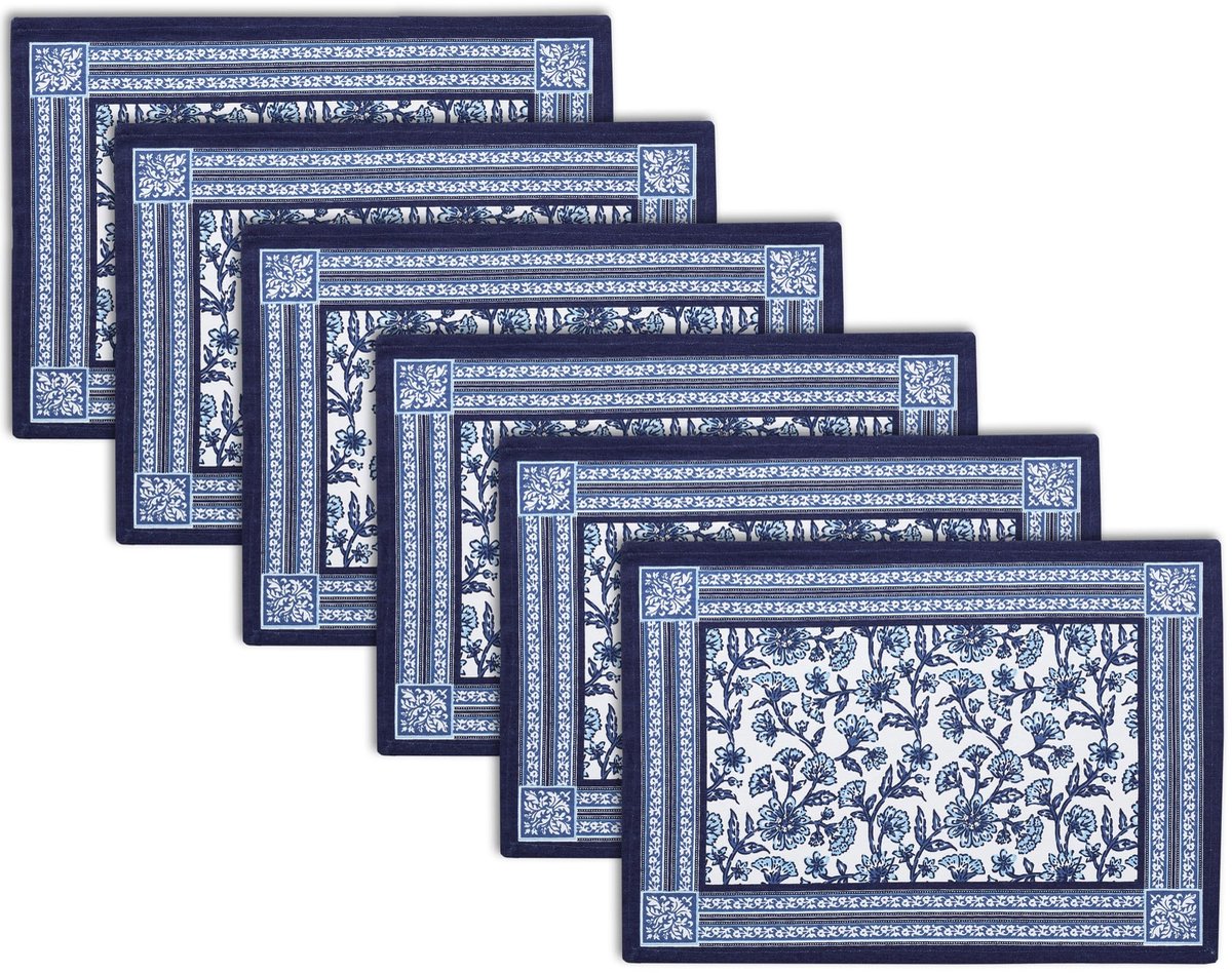 Famanu – Placemat set van 6, gemaakt van katoen, 46x32 cm, stoffen placemats, wasbaar op 40°C, absorberend, handbedrukt met indigo-02 blokdruk, voor eettafel en keuken